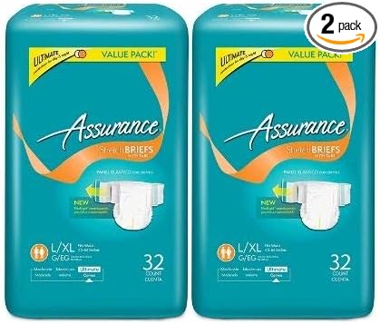 Assurance Ultimate Absorbency Stretch Briefs with Tabs, Large/XL, 64 Count