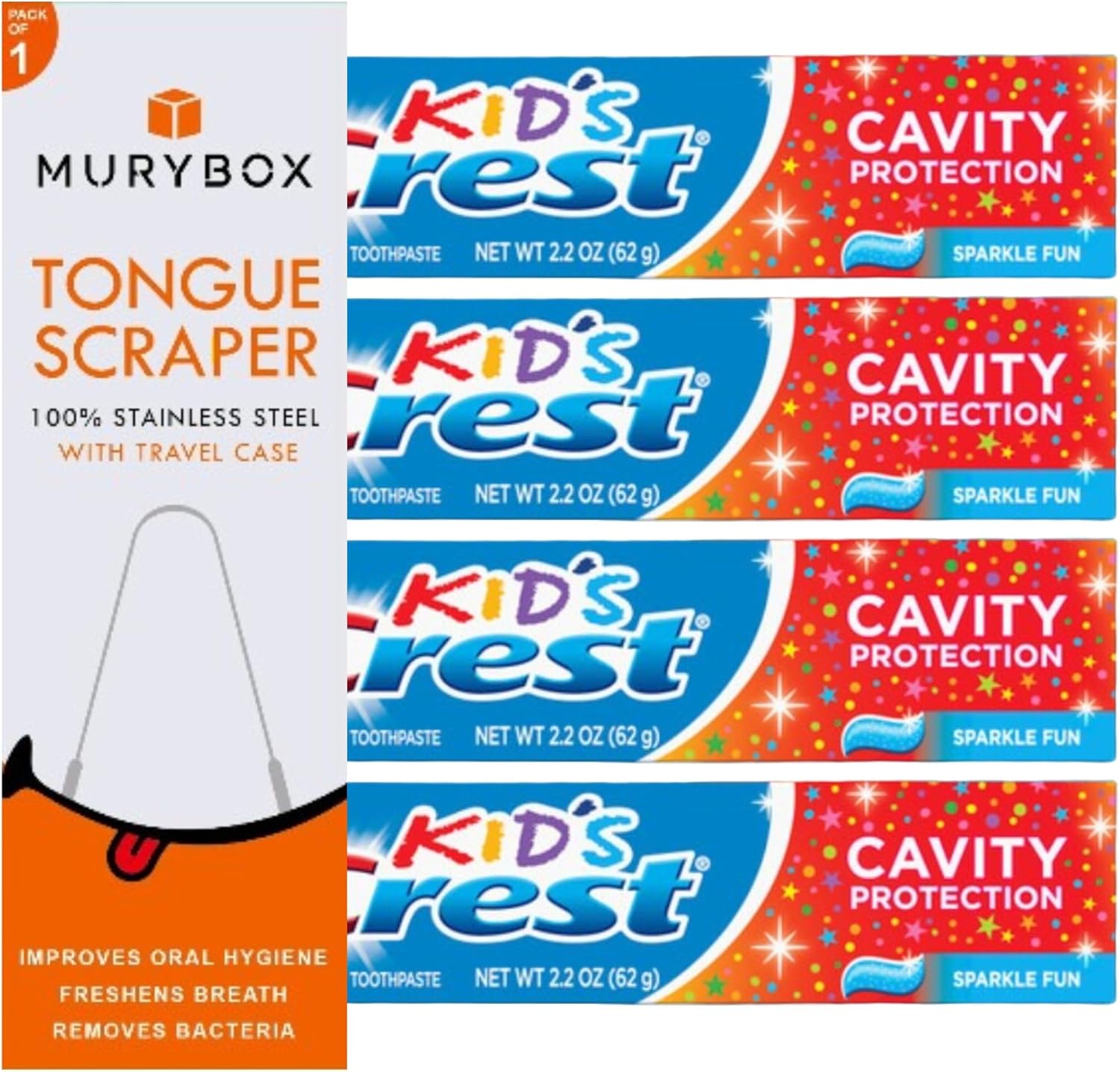 Kids Sparkle Fun Fluoride Toothpaste 4-Pack with Cavity Protection & Tongue Scraper