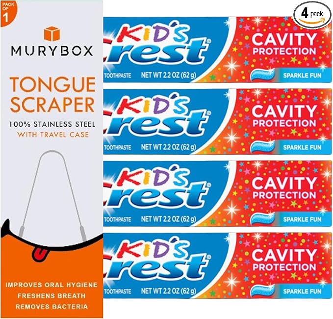 Kids Sparkle Fun Fluoride Toothpaste 4-Pack with Cavity Protection & Tongue Scraper