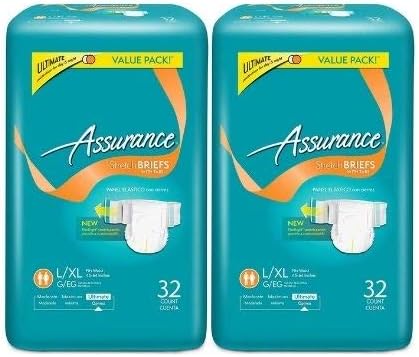 Assurance Ultimate Absorbency Stretch Briefs with Tabs, Large/XL, 64 Count