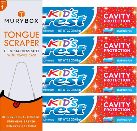 Kids Sparkle Fun Fluoride Toothpaste 4-Pack with Cavity Protection & Tongue Scraper